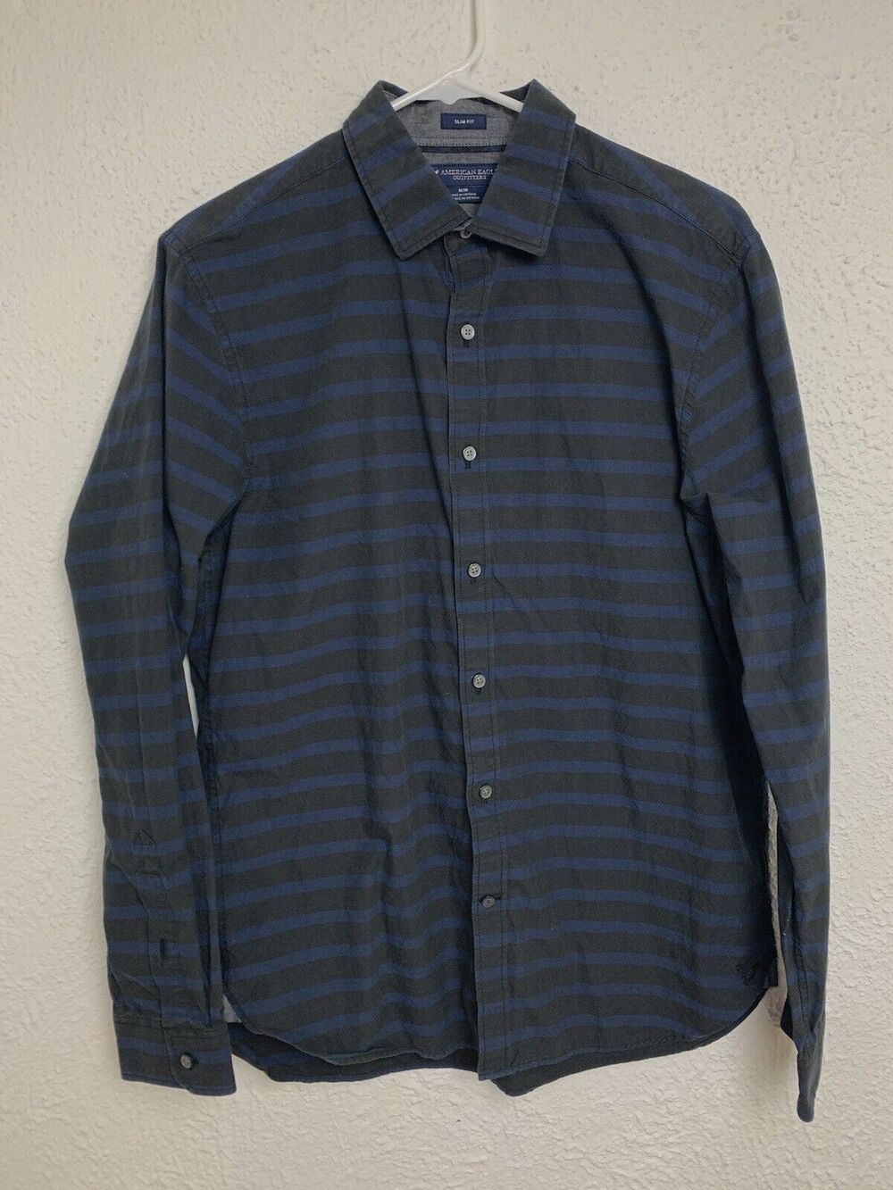 American Eagle Men's Shirt Striped Black Blue Button-Front Slim Fit M